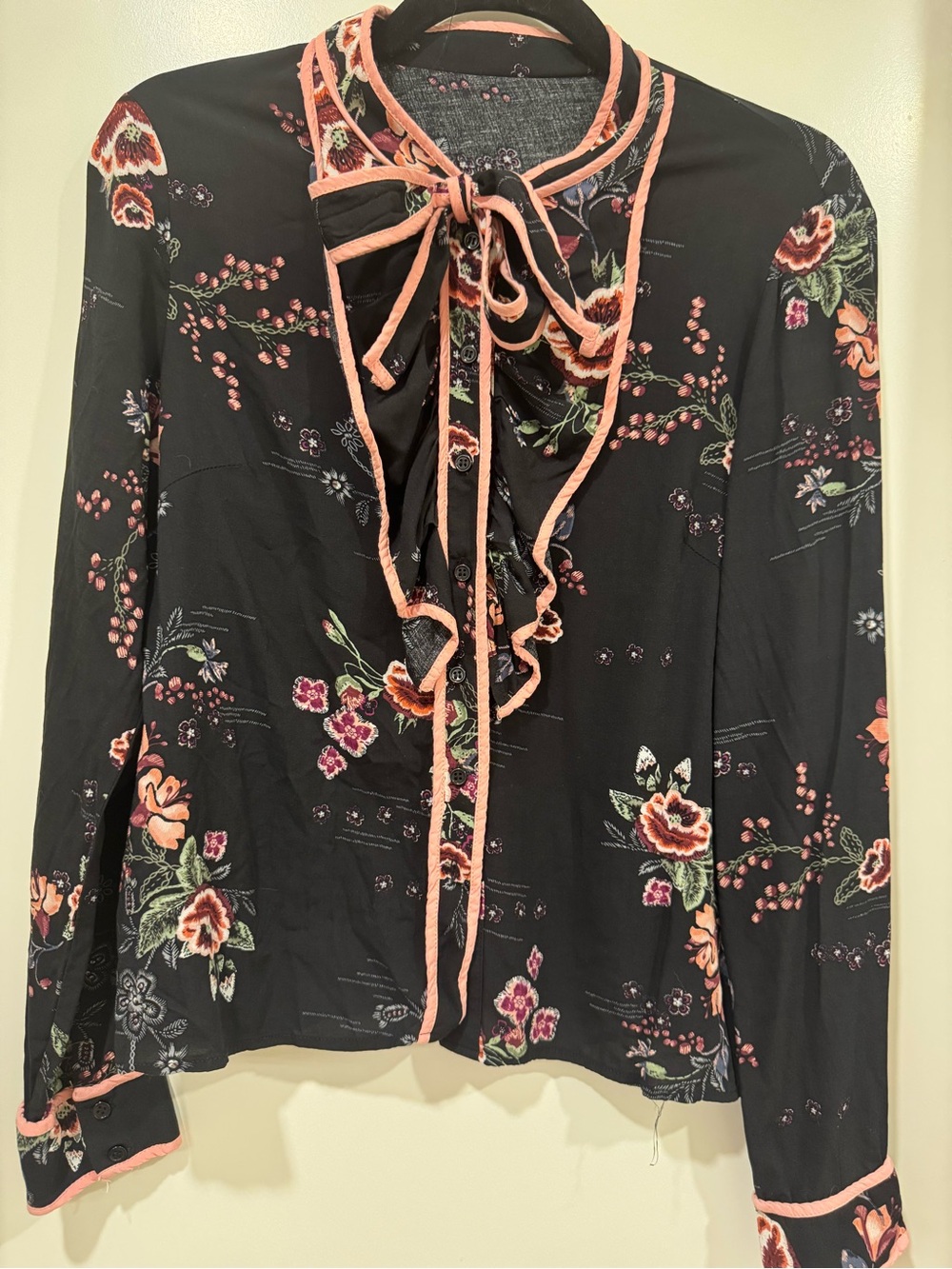 Floral Tie-Neck Blouse in Black and Coral